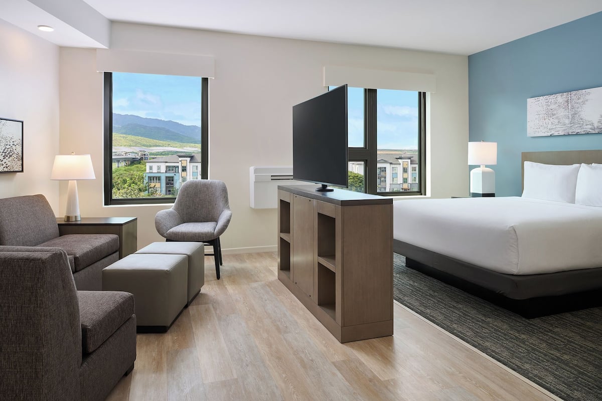 Une chambre d’hôtel avec un lit, un téléviseur posé sur un meuble, une chaise, un canapé et un bureau.