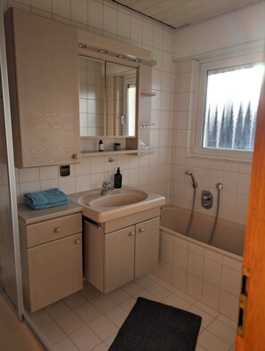 Douche, serviettes fournies, papier de toilette