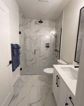 Regadera, secadora de cabello, toallas, jabón 