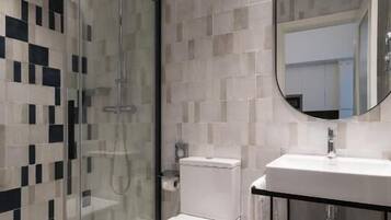 Shower, rainfall showerhead, designer toiletries, hair dryer