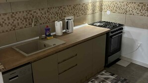 A kitchen with a dishwasher, a stove, a kettle, and a roll of paper towels. - Comfort Apartment Luna (Varazdin)