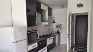 Una cocina moderna con refrigerador, horno, estufa y armarios. Hay una planta en maceta y una puerta que da a otra habitación.