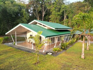 A modern house with a green roof, surrounded by lush greenery and a well-maintained lawn.