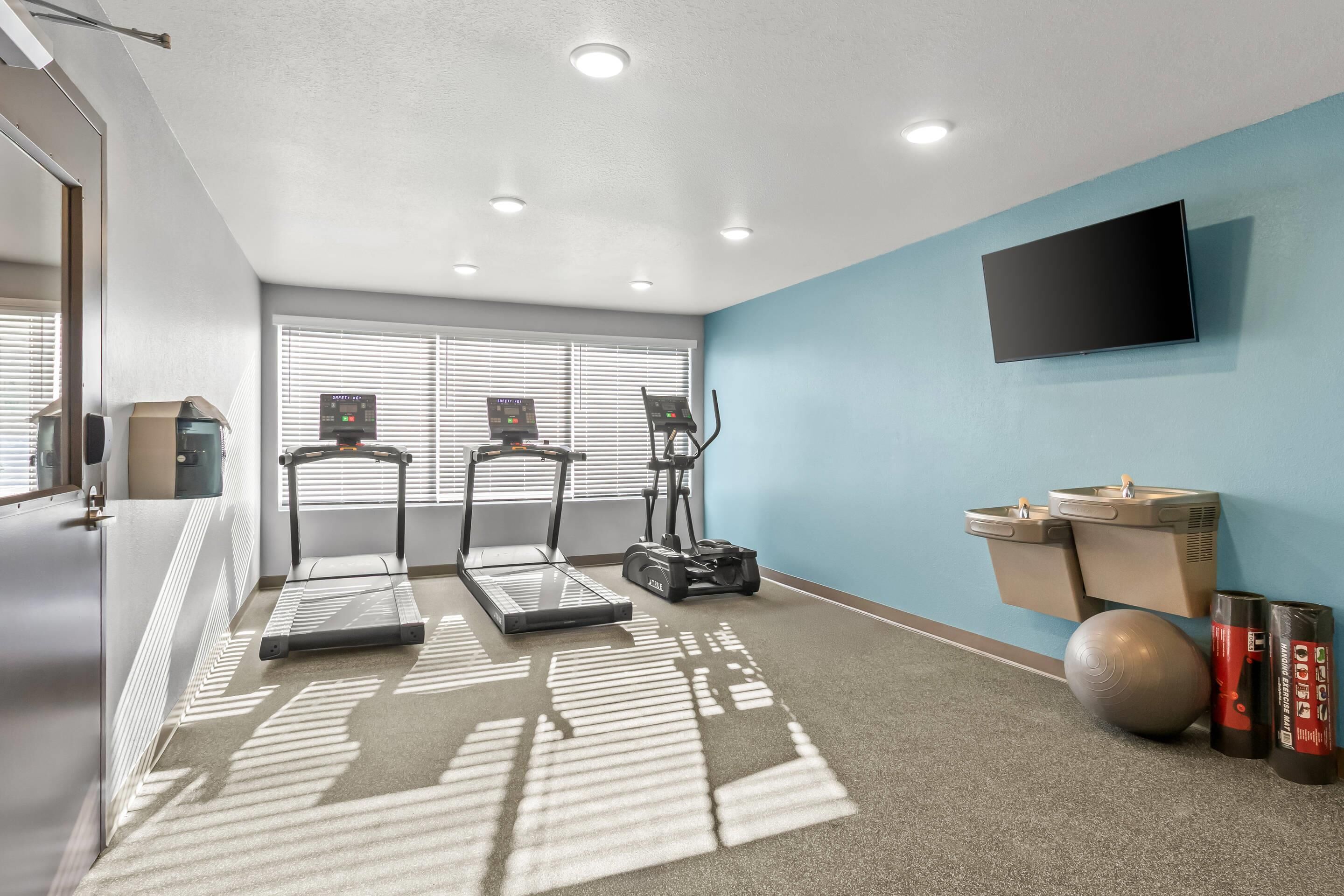 Un gimnasio con cintas de correr, elípticas, una bicicleta estática, un televisor montado en la pared, un lavamanos y pelotas de ejercicio.