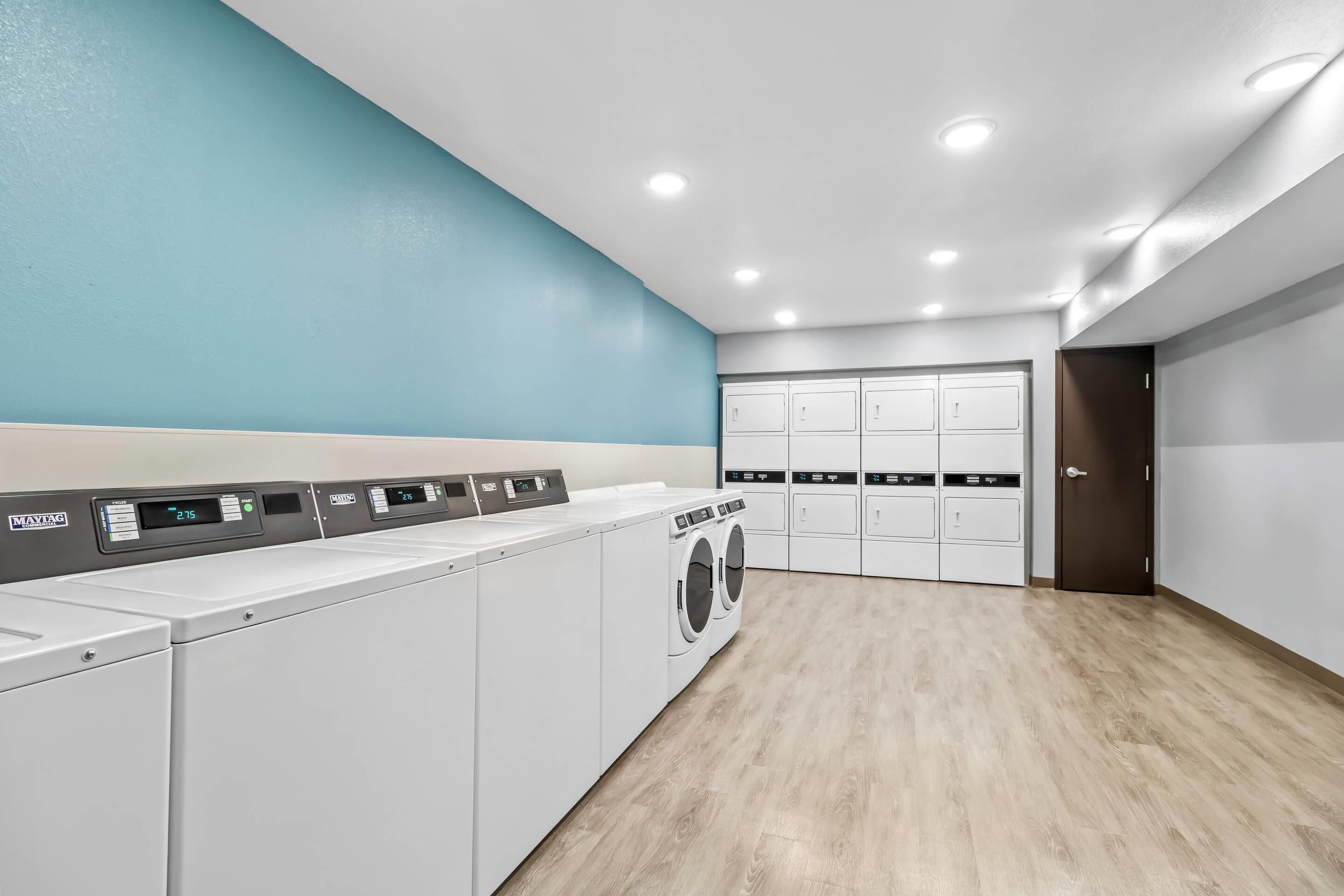 Une buanderie équipée de plusieurs machines à laver et de plusieurs sèche-linge, avec un plancher en bois et un mur bleu.