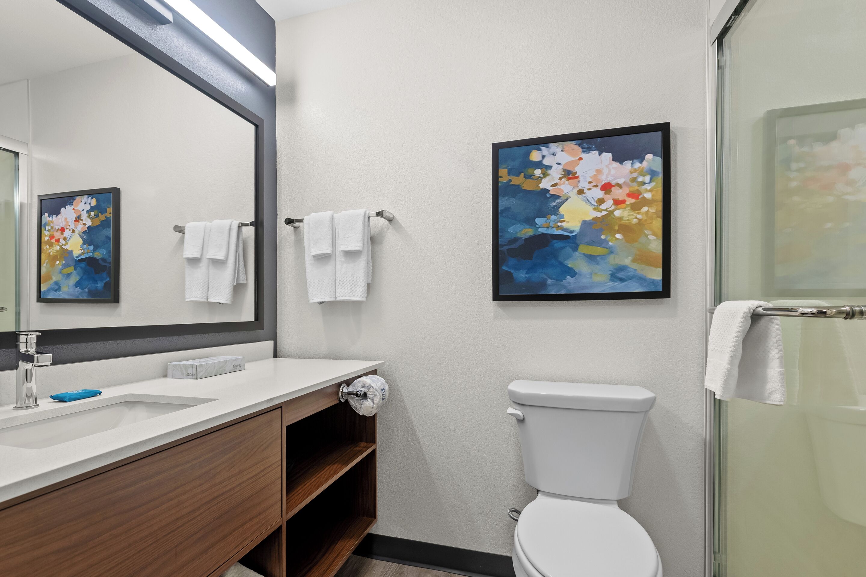 A modern bathroom with a white sink, wooden vanity, a large mirror, a toilet, and abstract paintings on the walls.