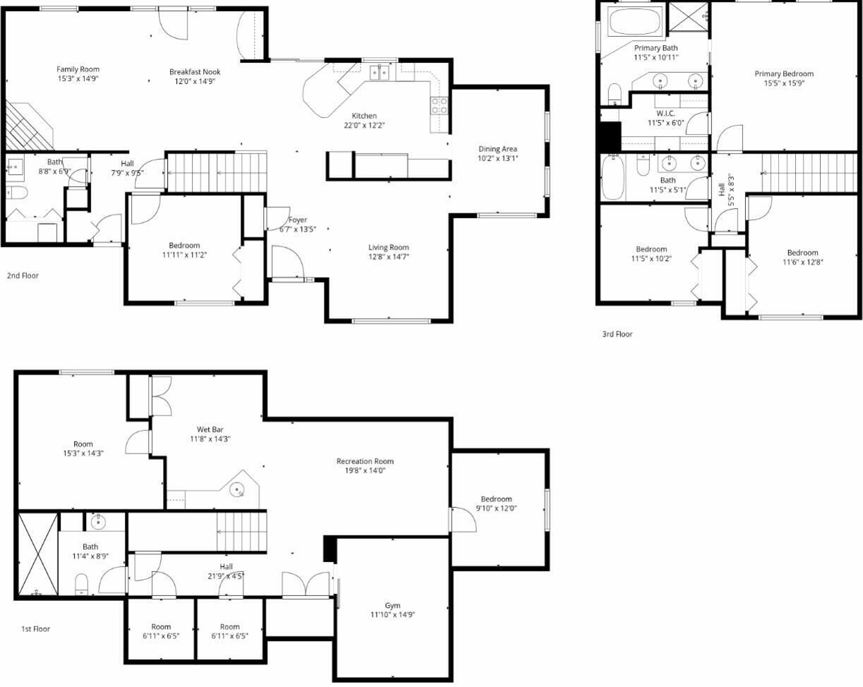 A floor plan with multiple bedrooms, bathrooms, a kitchen, dining area, and a wet bar.