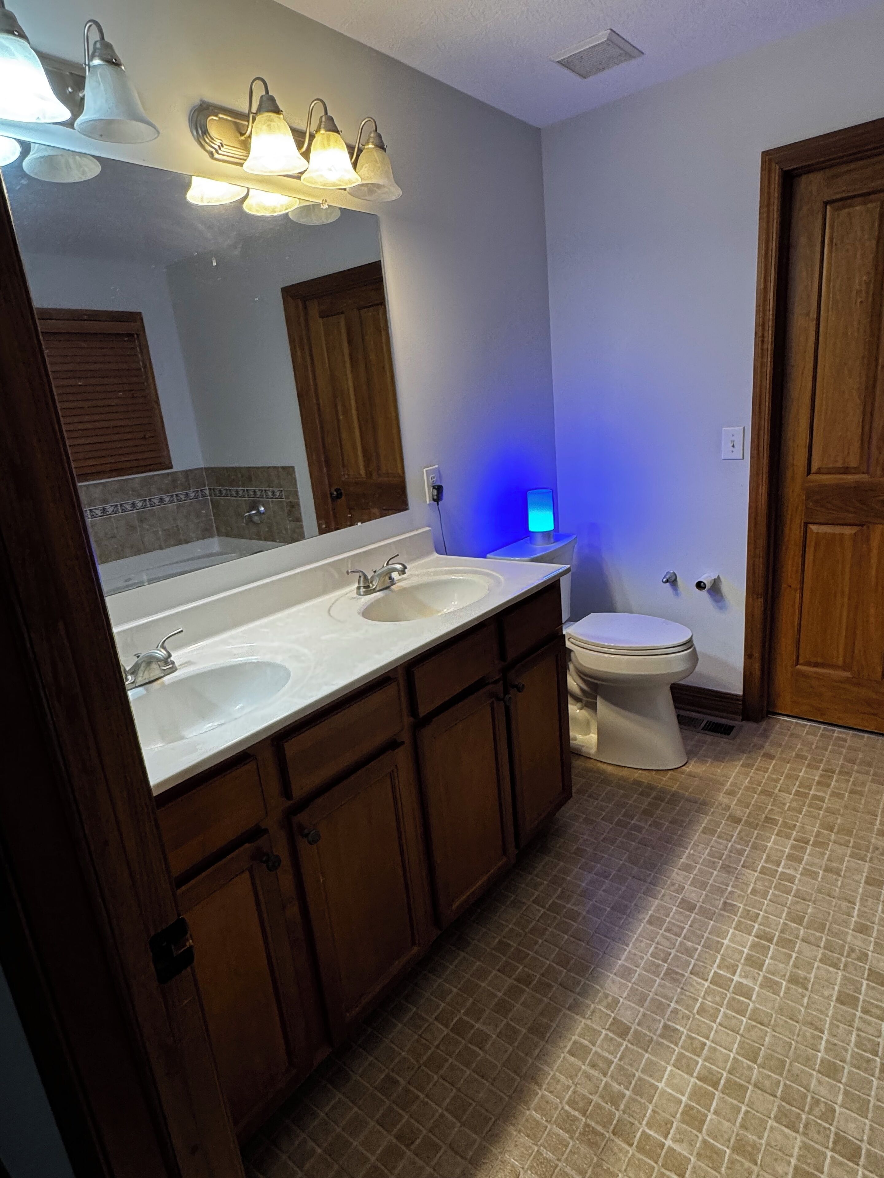Et badeværelse med to håndvaske, et toilet og et spejl. Der er en lampe over håndvasken og en blå lysstoft på væggen.