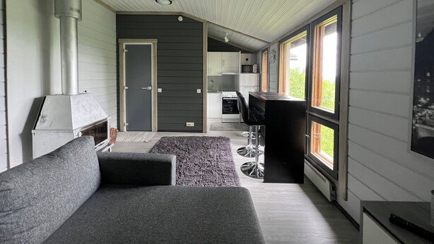 A modern living room with a sofa, a fireplace, a kitchen area, and large windows. - Lomariihi 4 (Muurame)