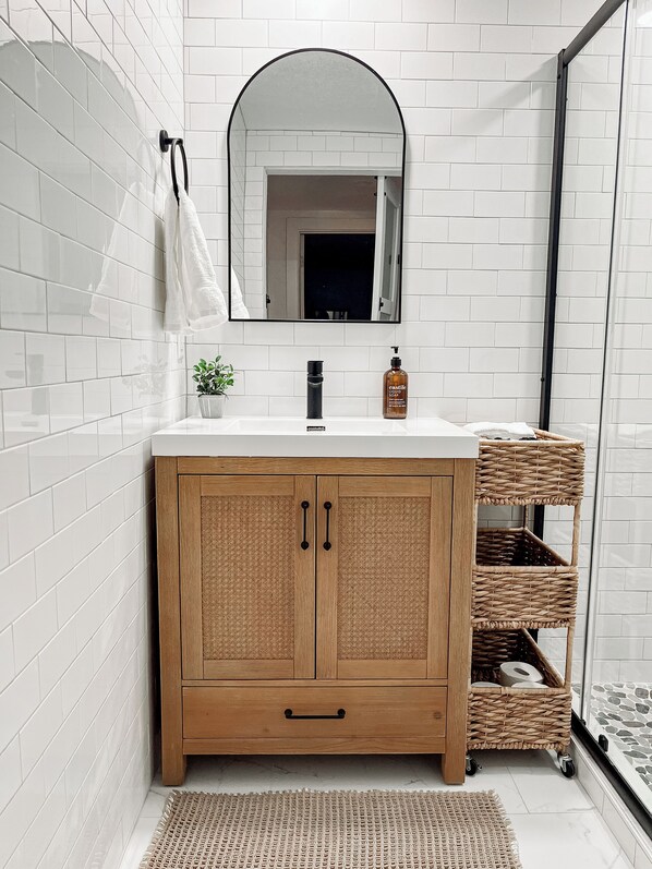 Shower, towels, soap, shampoo