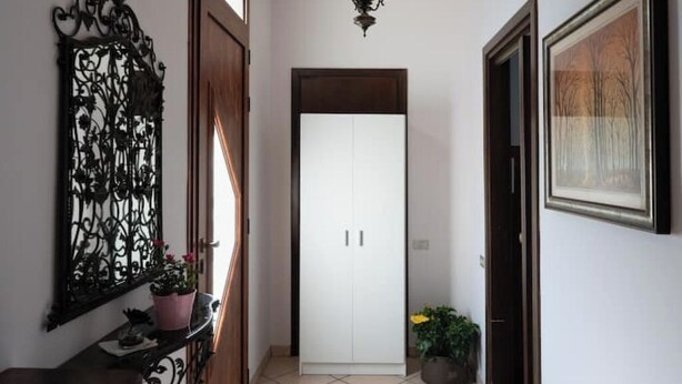 Een gang met een witte garderobe, een decoratief metalen object en een potplant.