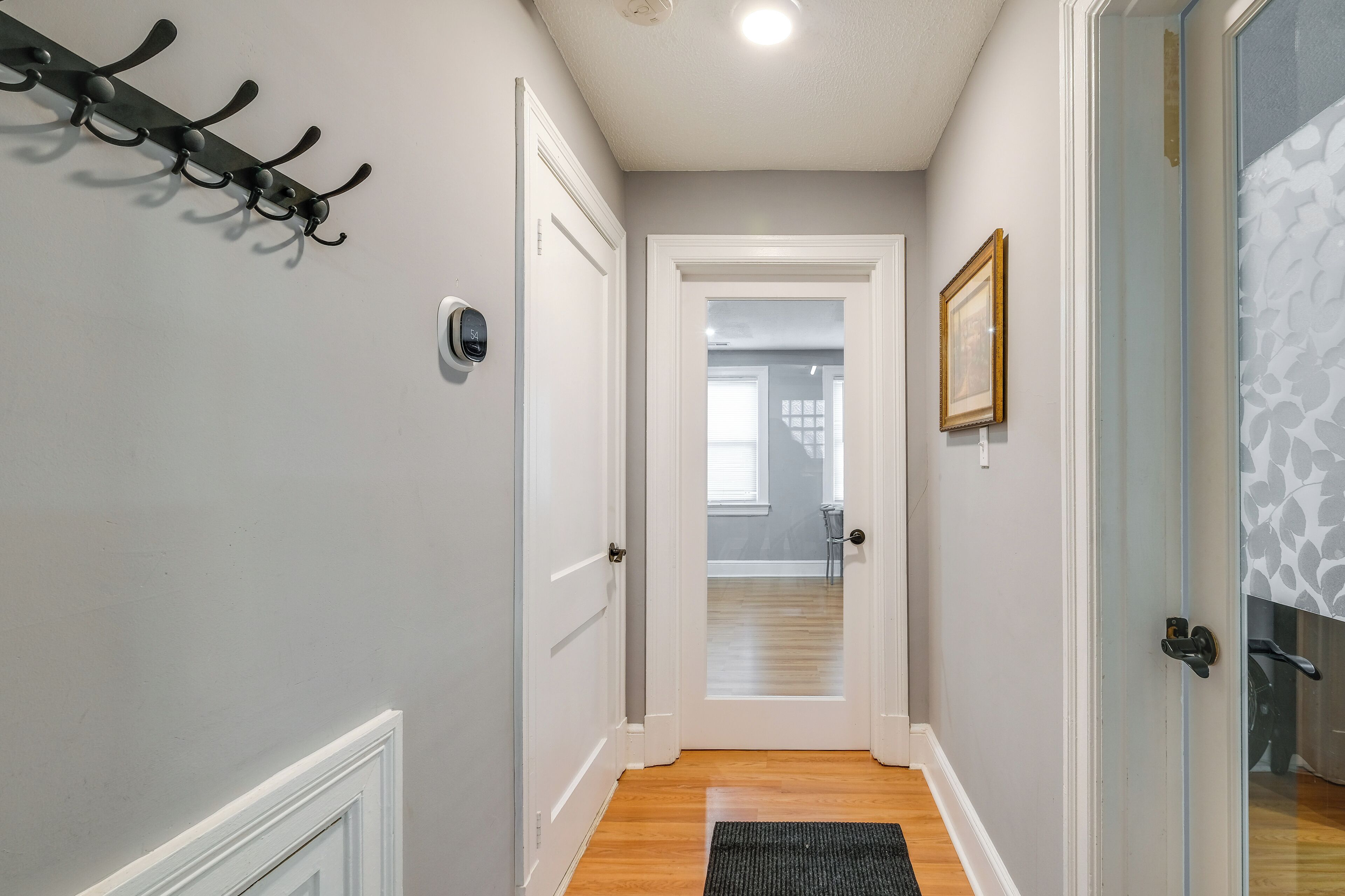 A hallway with a coat rack, a door with a peephole, and a framed picture on the wall.