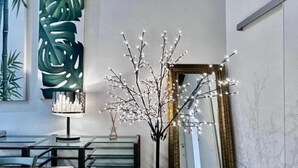 Uma área de refeições moderna com mesa de vidro, uma planta decorativa e um espelho.