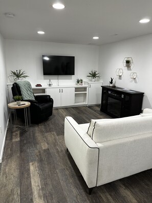 Smart TV, fireplace, books