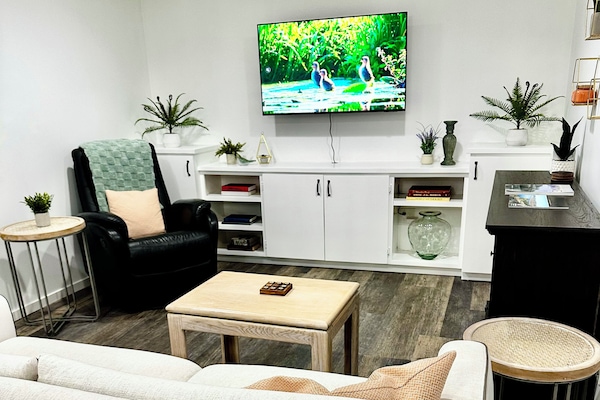 Smart TV, caminetto, libri