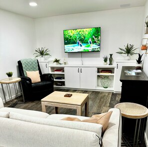 TV connectée, cheminée, livres