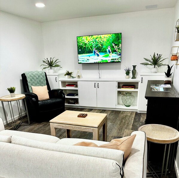 Smart TV, chimenea y libros 