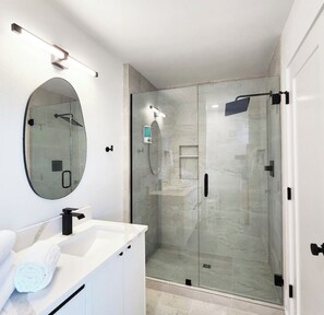 Hair dryer, towels, soap, toilet paper