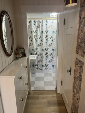 Un baño con cortina de ducha, un lavabo y un espejo.