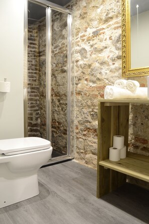 Dusche, Haartrockner, Handtücher, Toilettenpapier