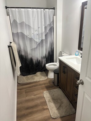 Regadera, toallas, jabón, papel de baño 