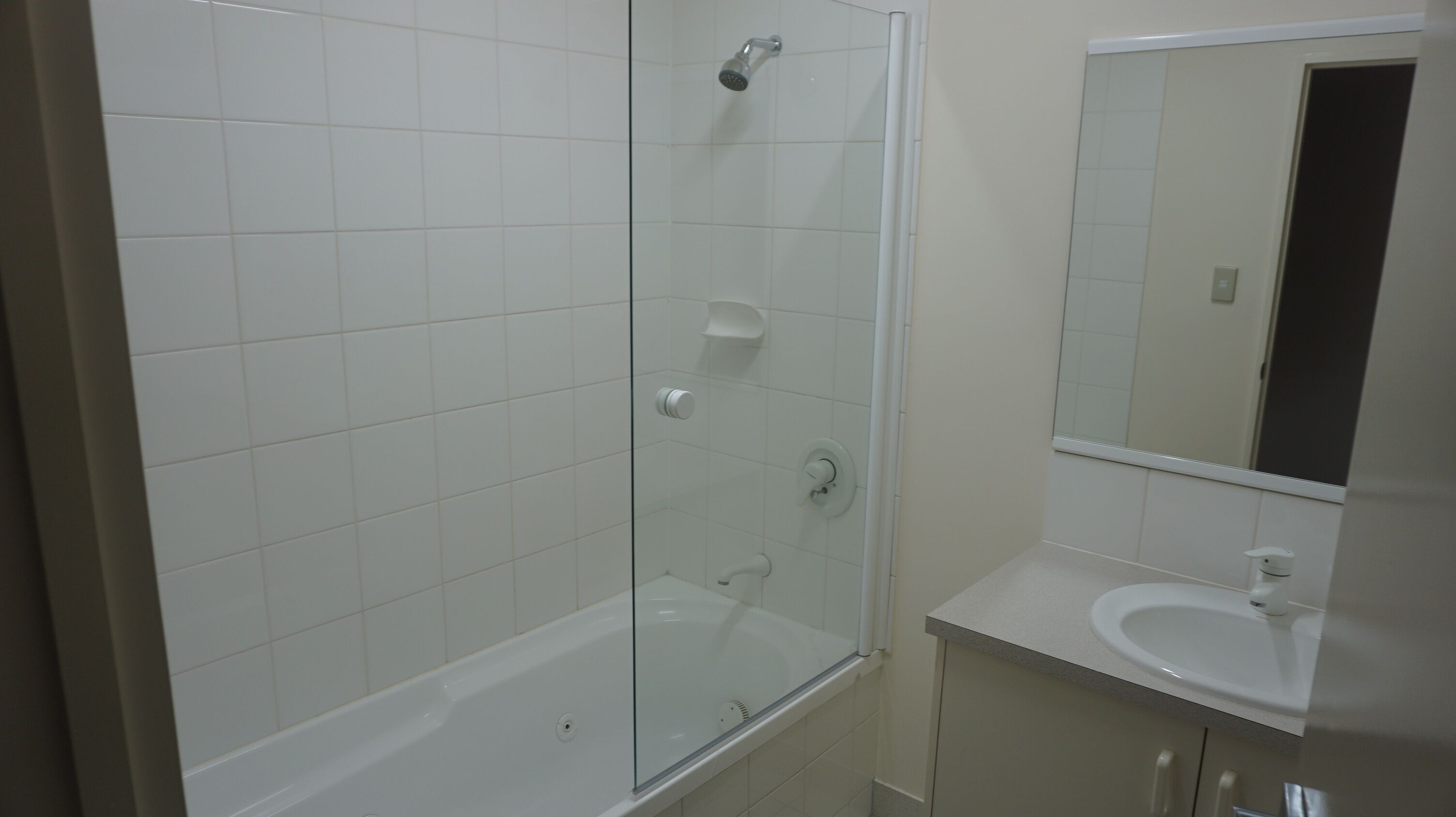 Shower, jetted bath, hair dryer, towels