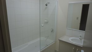 Shower, jetted bath, hair dryer, towels