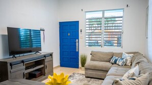 Ein Wohnzimmer mit Fernseher, einer blauen Tür, einem Sofa und einer kleinen Pflanze.