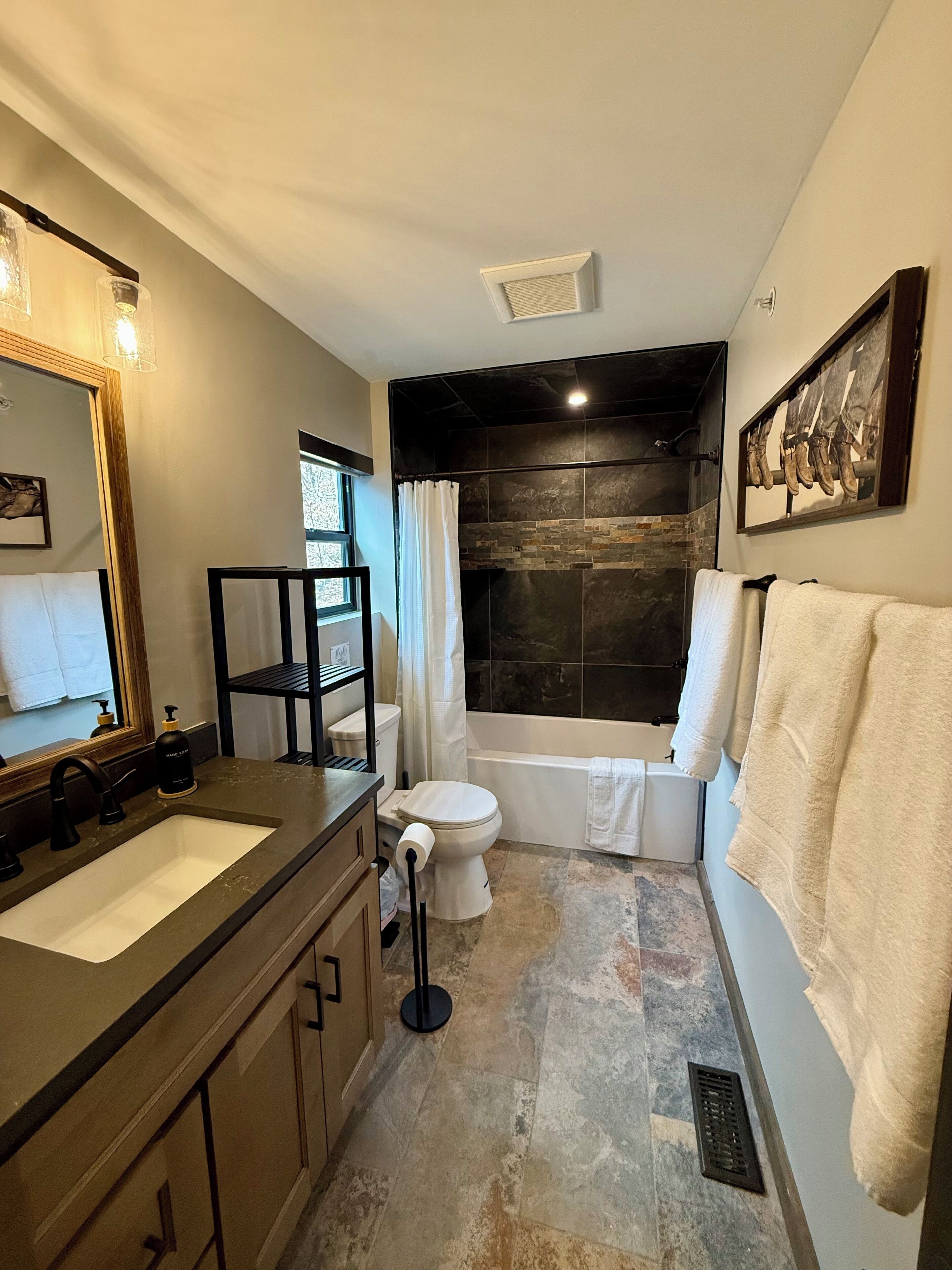 Hair dryer, towels, soap, toilet paper