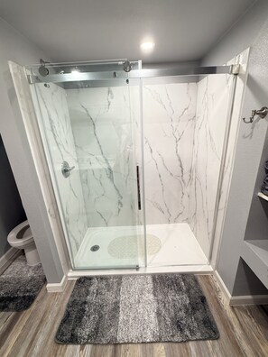 Shower, towels, soap, toilet paper