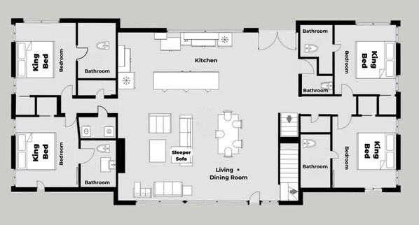 A hotel layout with multiple king beds, bathrooms, a kitchen, and a living area with a dining table. - Summit Luxe Resort (Gatlinburg)