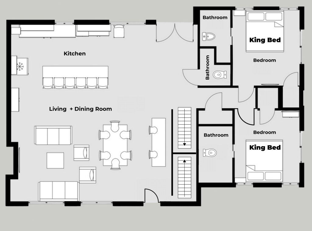 Distribución de un hotel con cocina, comedor, sala de estar, dos dormitorios y dos baños.