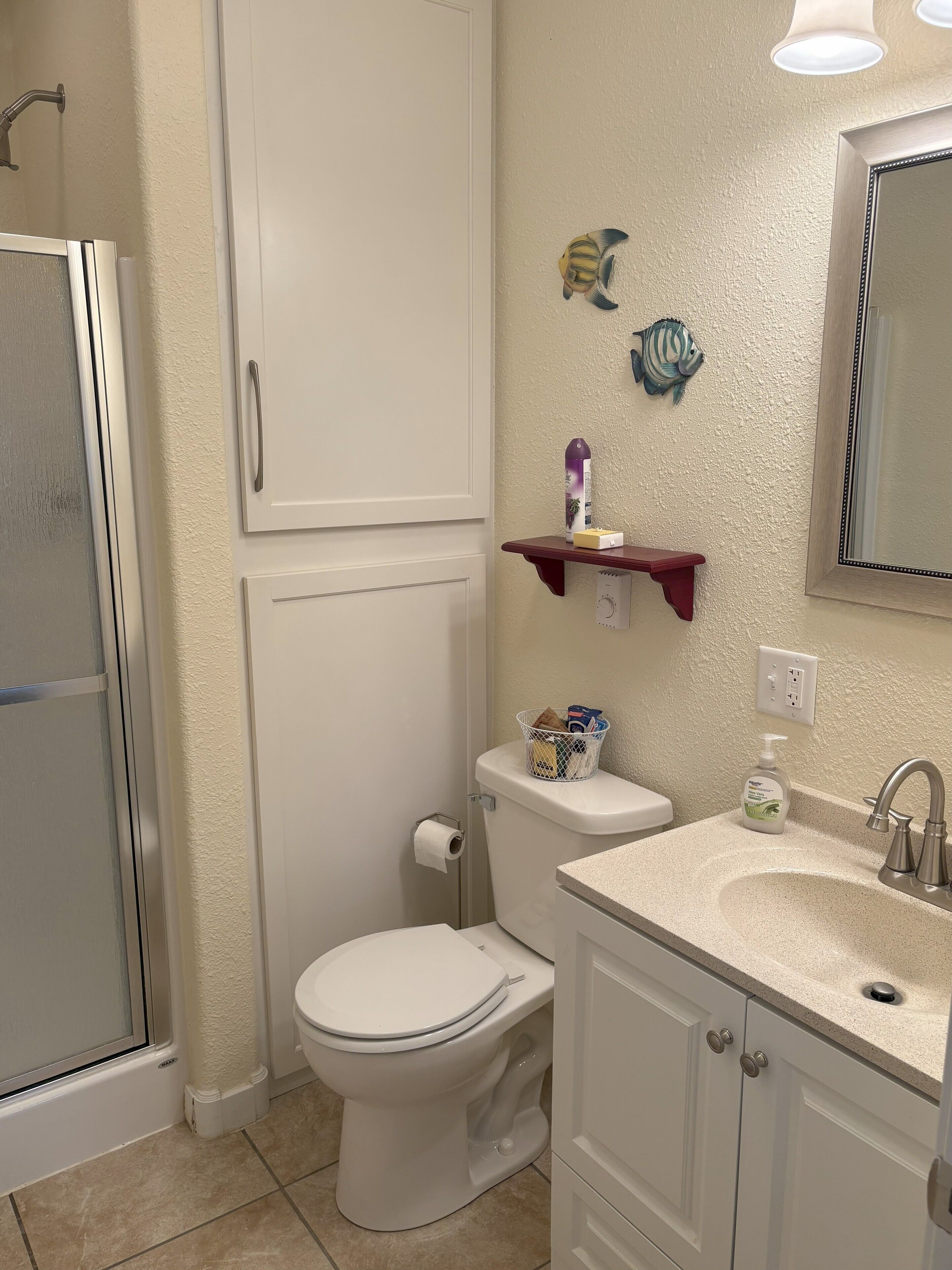 Shower, hair dryer, towels, soap