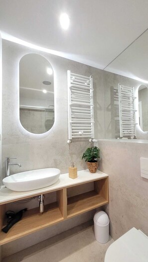 Sèche-cheveux, serviettes fournies, savon, papier toilette