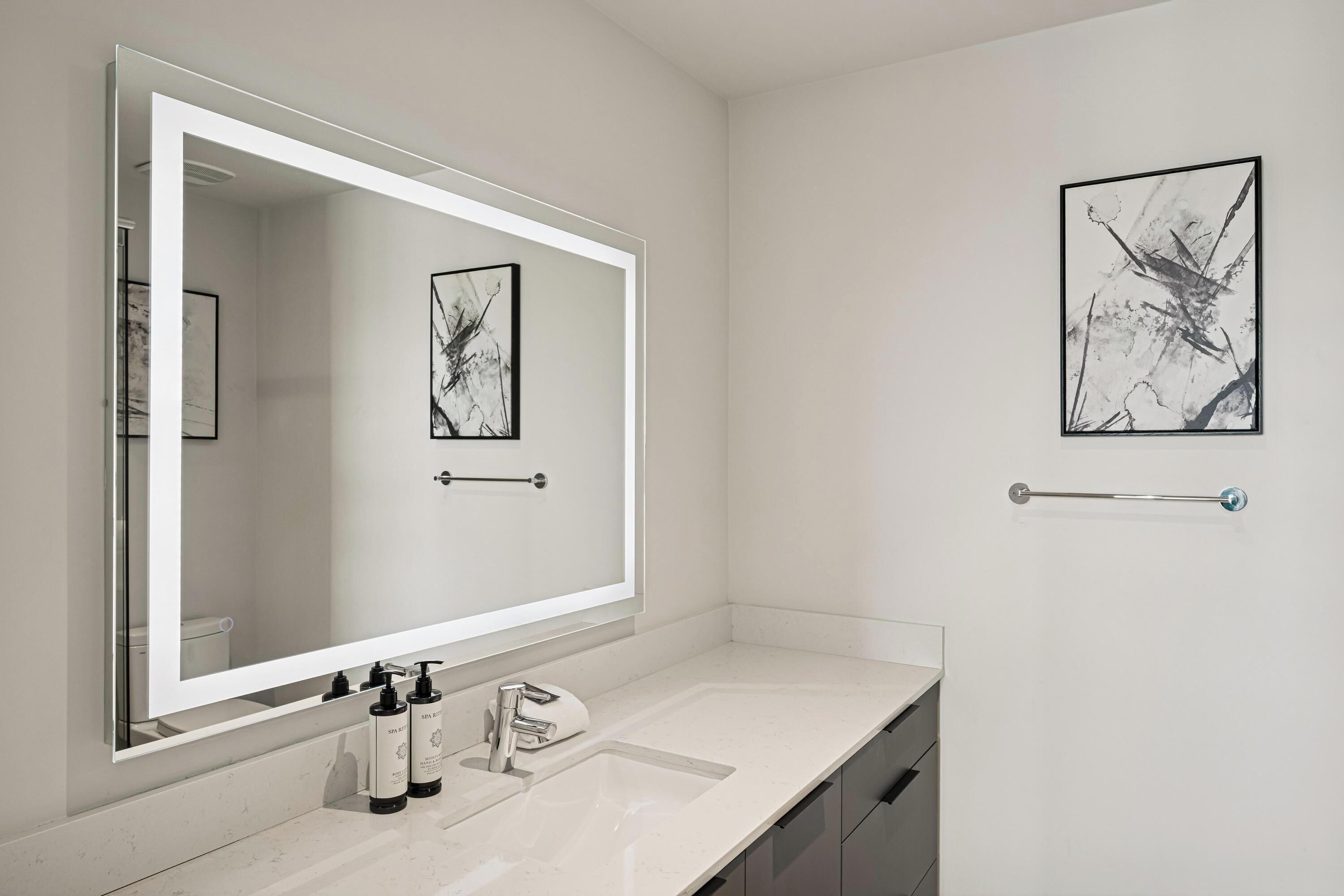 Une salle de bain moderne avec un grand miroir, un lavabo et deux œuvres d’art encadrées accrochées au mur.