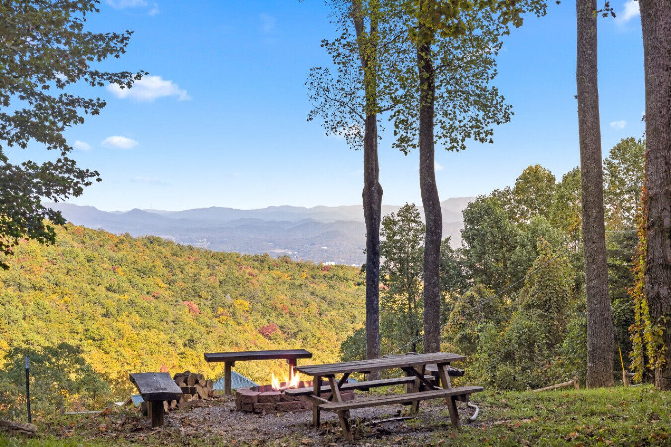 Un espace de pique-nique équipé de bancs et d’un foyer, entouré de grands arbres et offrant une vue sur un paysage montagneux.