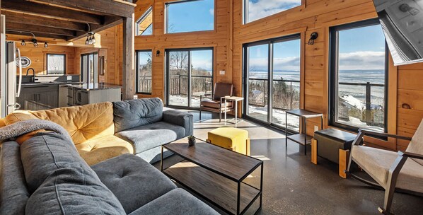 Télévision, cheminée, lecteur de DVD, baby-foot