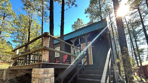 A wooden staircase leading to a cabin with a metal roof, surrounded by tall trees and a clear sky. - Adorable 1-bedroom Casita with AC in welcoming Lakeside (Lakeside)