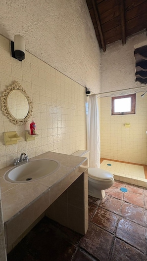 A bathroom with a sink, mirror, and toilet. There is a shower area with a curtain. - Calli Yoloiztac, Valle de bravo (Valle de Bravo)
