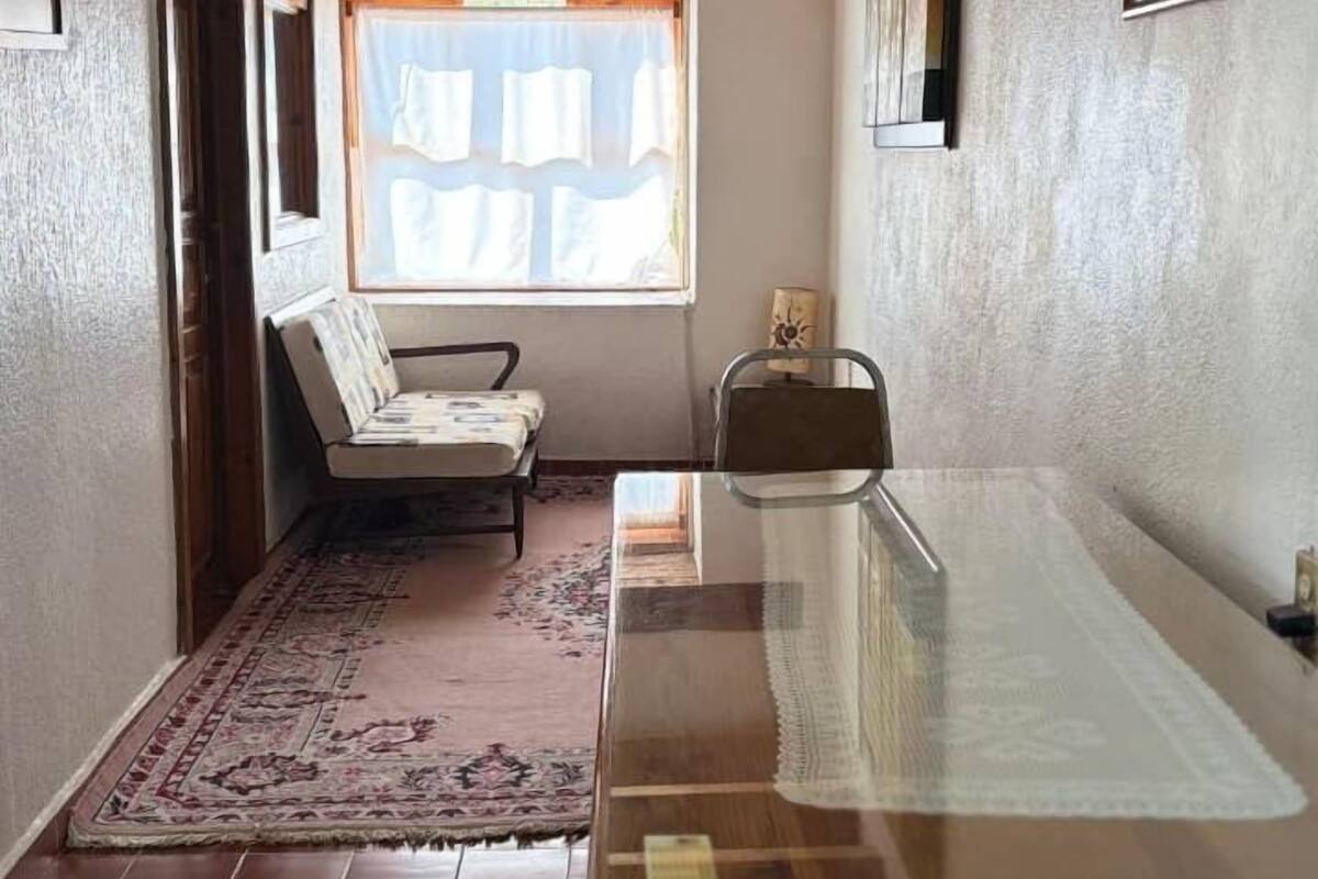 A spacious room with a wooden table and chairs, a window with curtains, and a patterned rug on the floor.