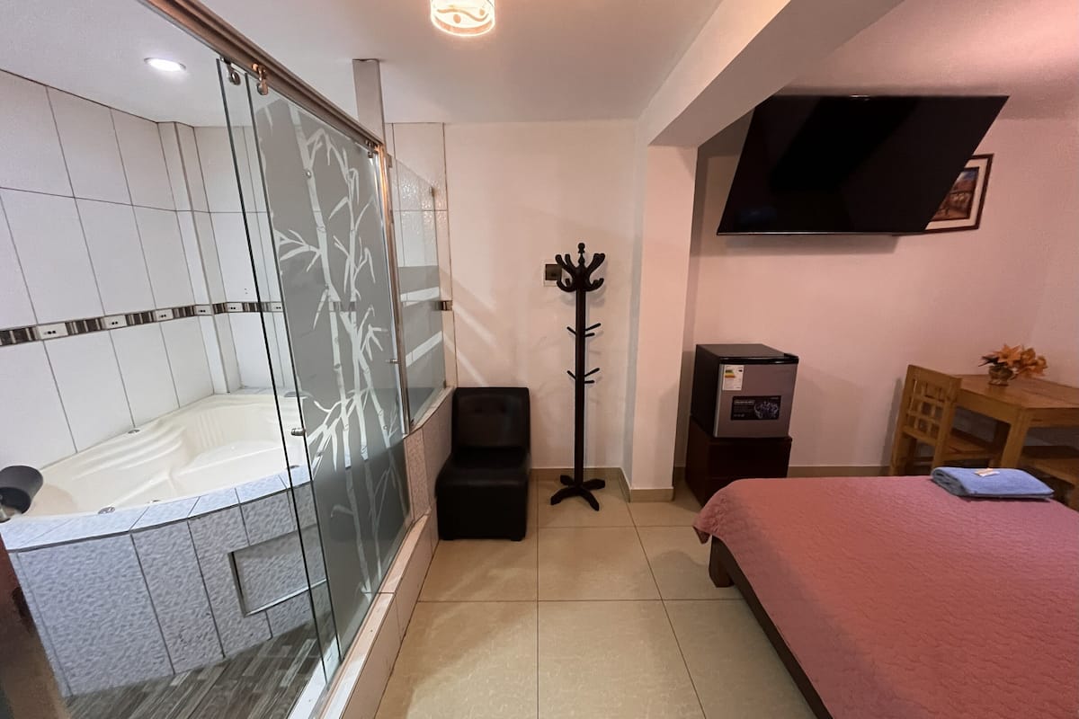 A hotel room with a glass-enclosed shower, a bed with a pink bedspread, a wooden nightstand, a television mounted on the wall, and a coat rack.
