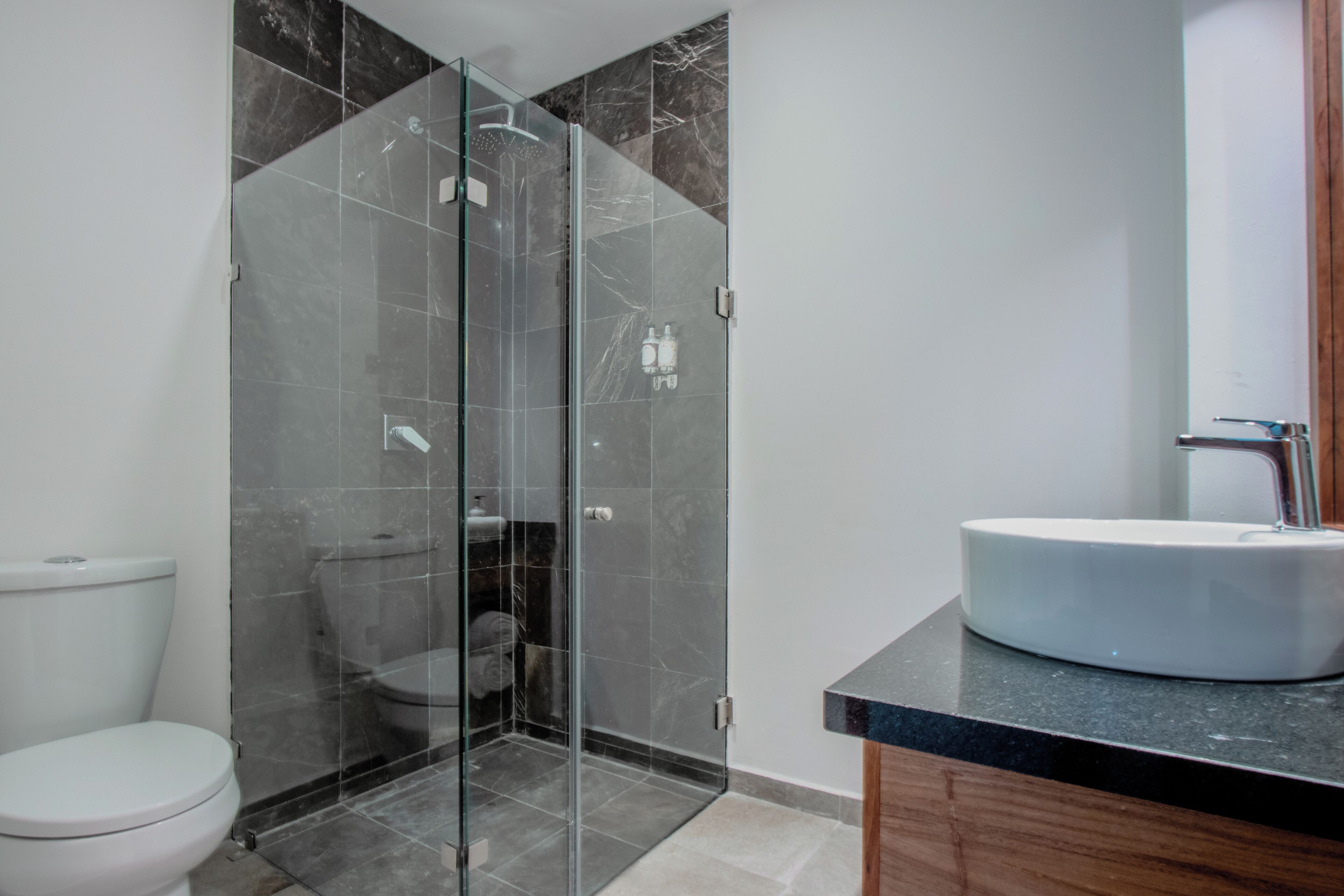 A modern bathroom with a glass-enclosed shower, a white toilet, and a large sink with a wooden vanity.