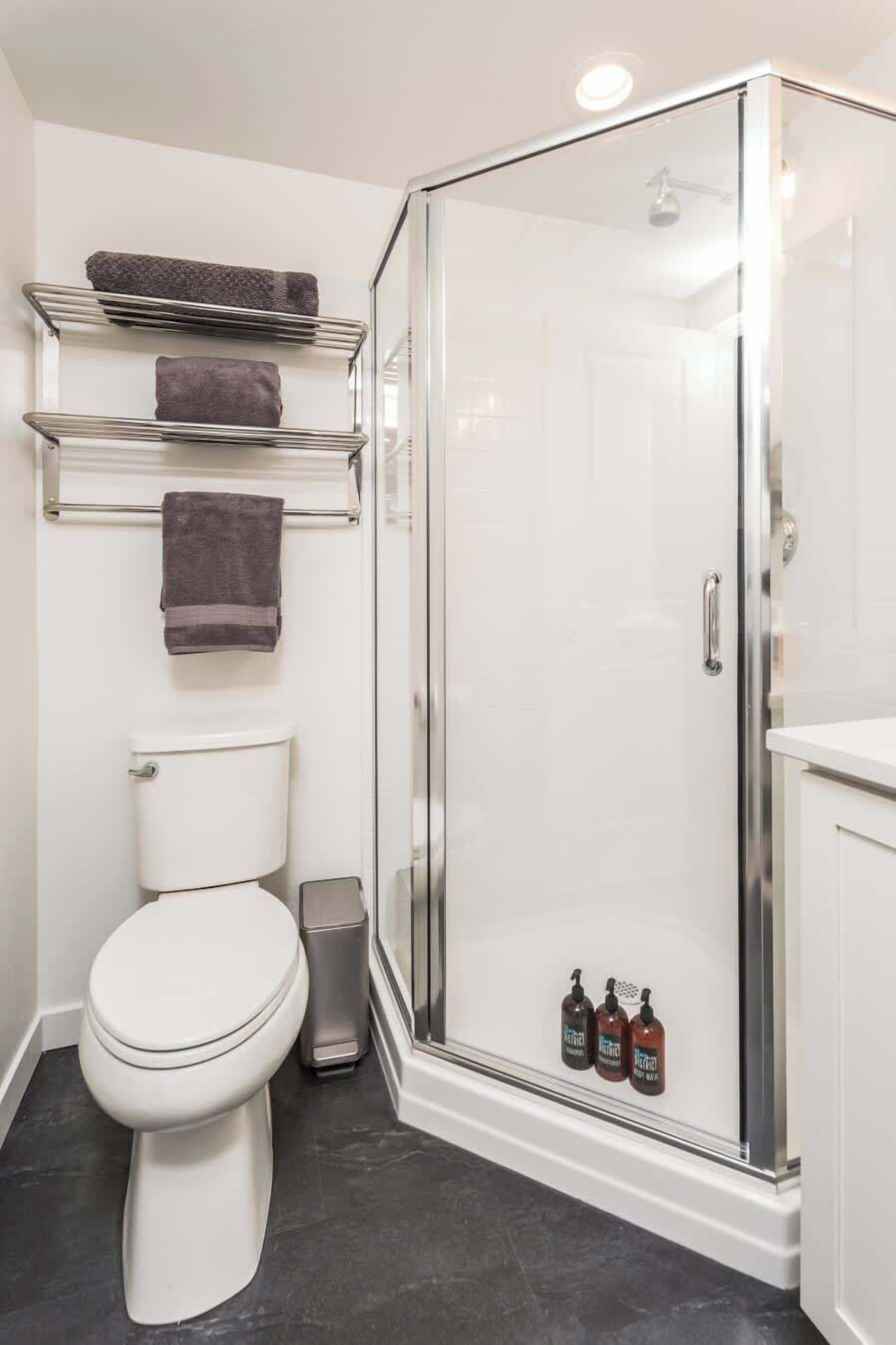 Une salle de bain moderne avec une douche à parois de verre, des toilettes et un lavabo.