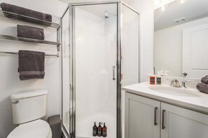 Ducha, secador de pelo, toallas y champú