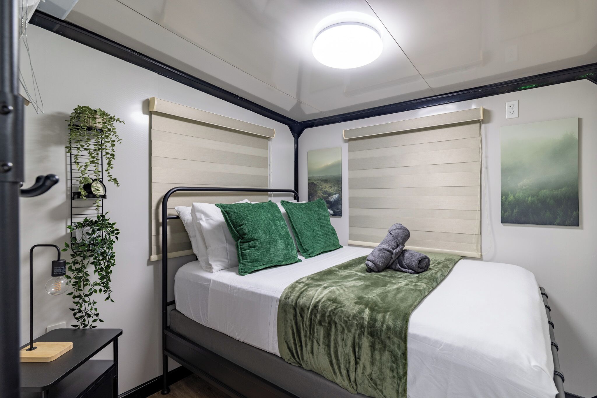 Une chambre à coucher bien rangée, avec un lit, des oreillers verts, une couverture grise, une table de chevet avec une lampe et une plante fixée au mur.