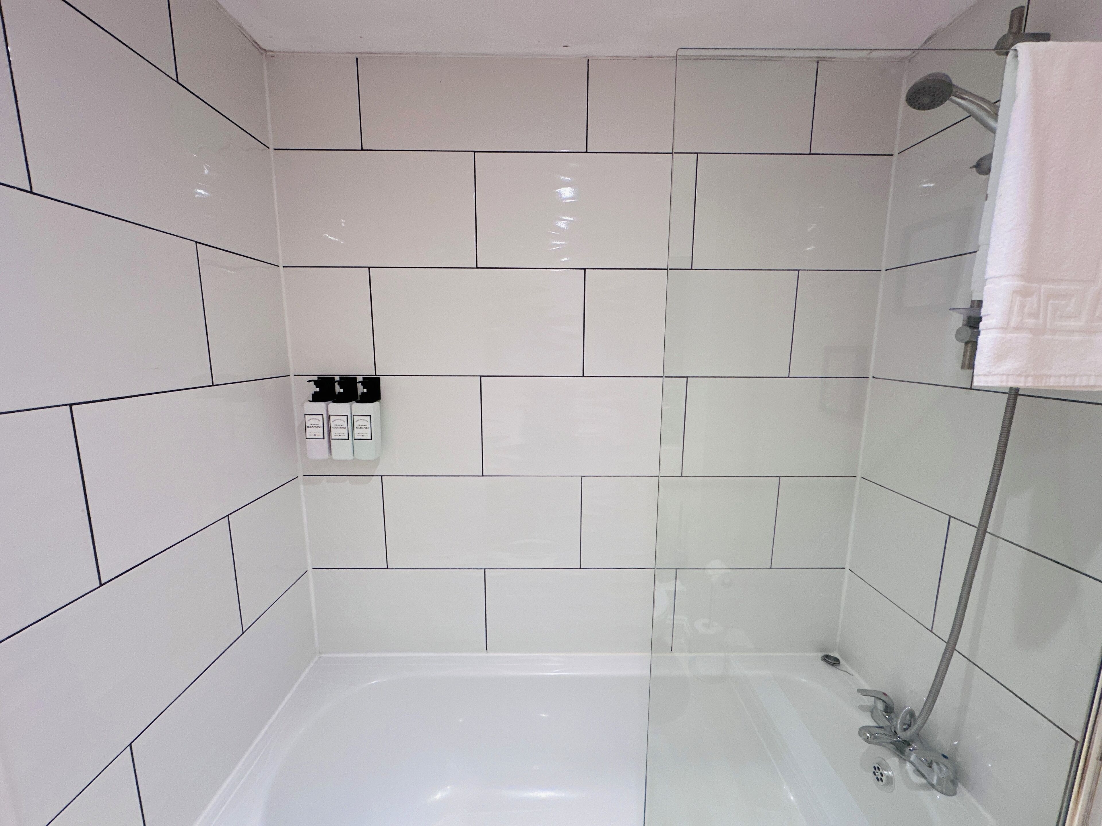 Hair dryer, towels, soap, toilet paper