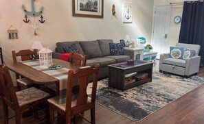 Smart TV, fireplace, books