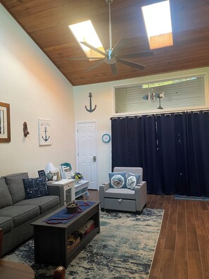 Smart TV, fireplace, books