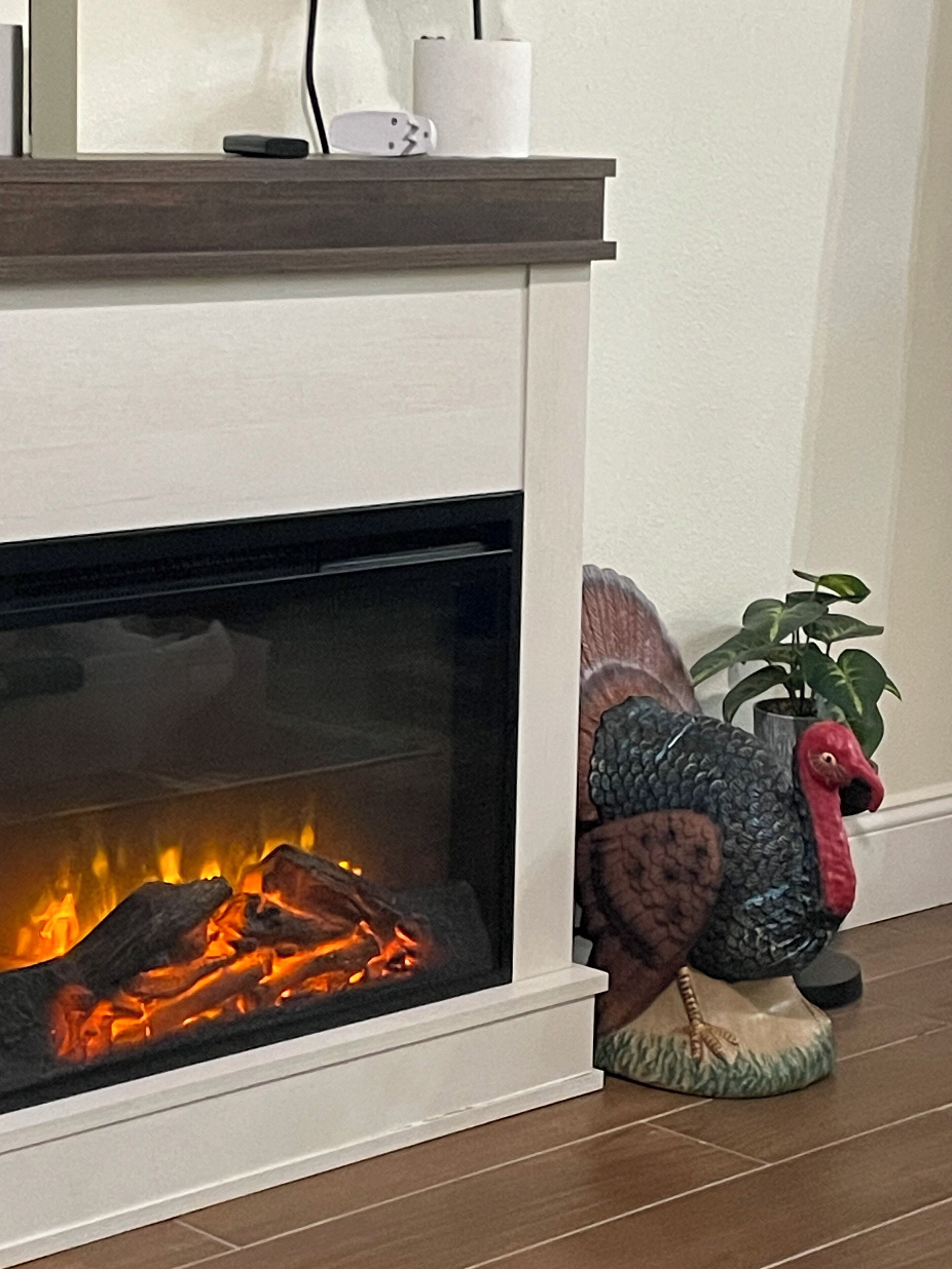 Ein Kamin mit sichtbarem Feuer, ein weißer Kaminabschluss und eine dekorative Truthahnfigur daneben.