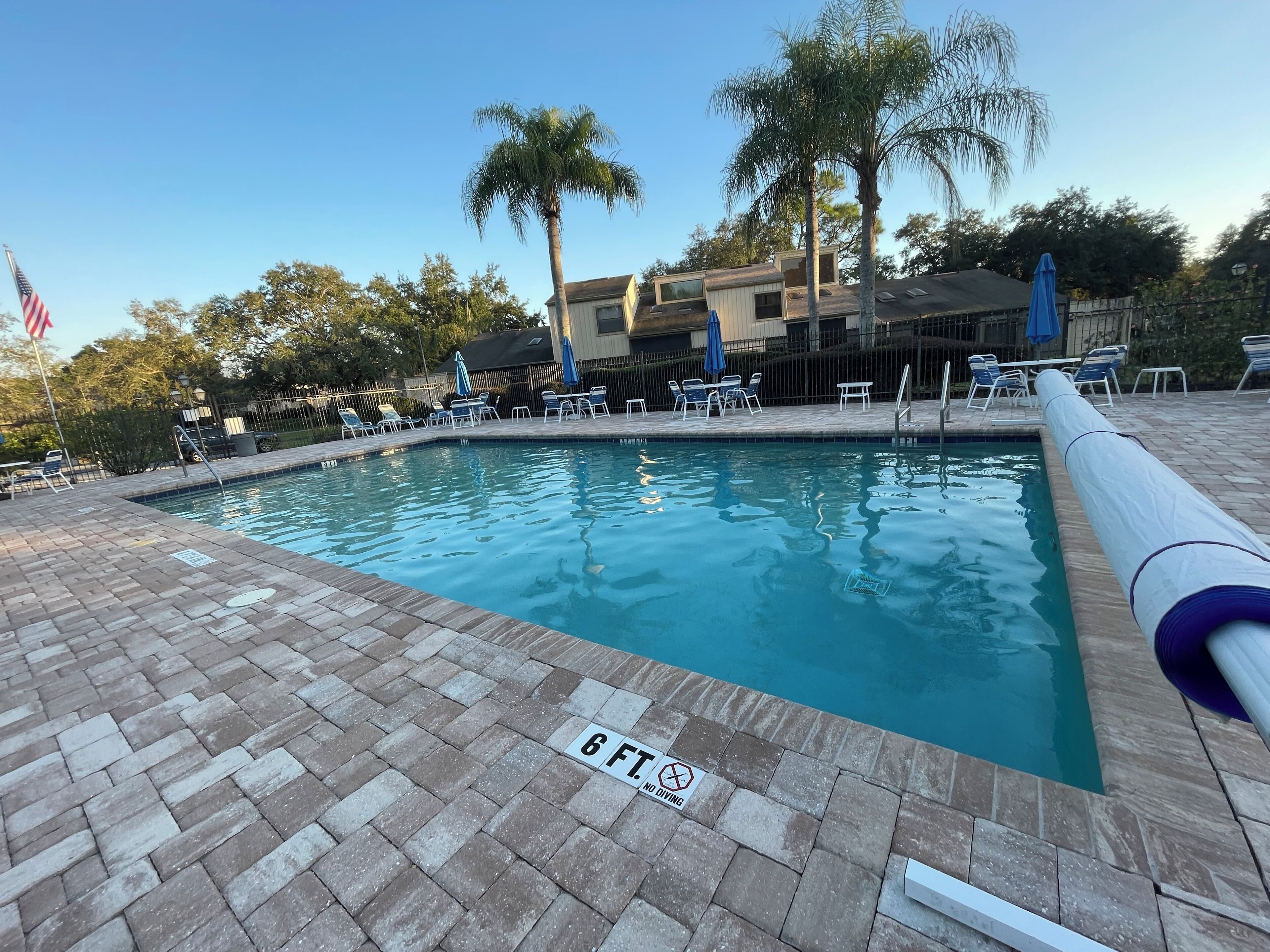 Une piscine avec un panneau indiquant qu’il est interdit de plonger, des chaises longues et des palmiers.